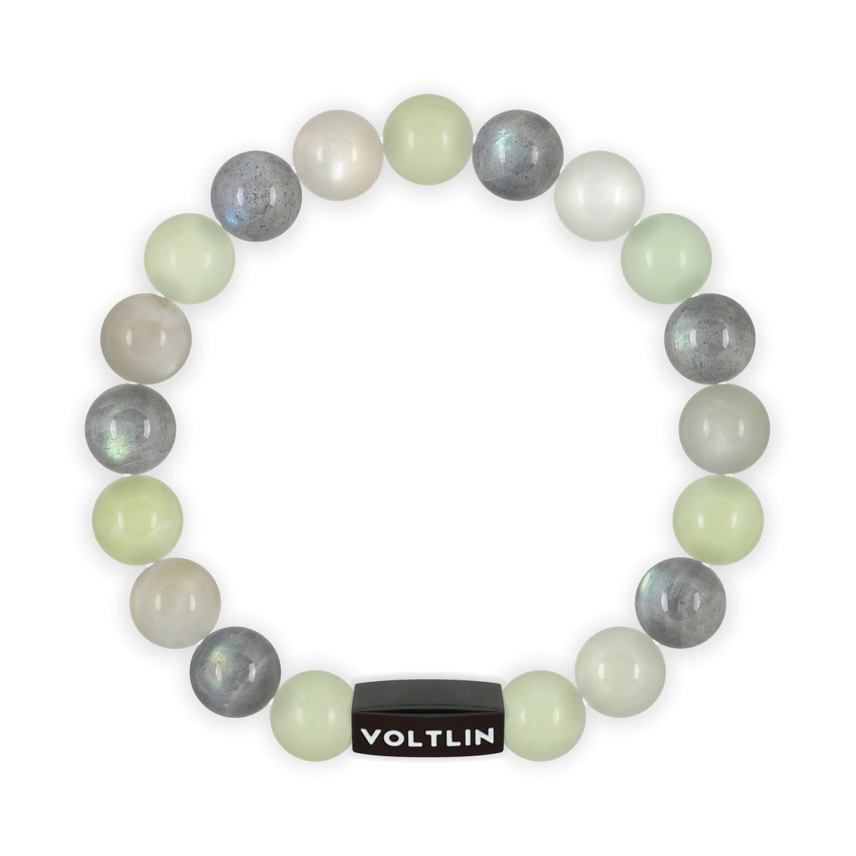 Top view of a 10mm Pisces Zodiac crystal beaded stretch bracelet with black stainless steel logo bead made by Voltlin