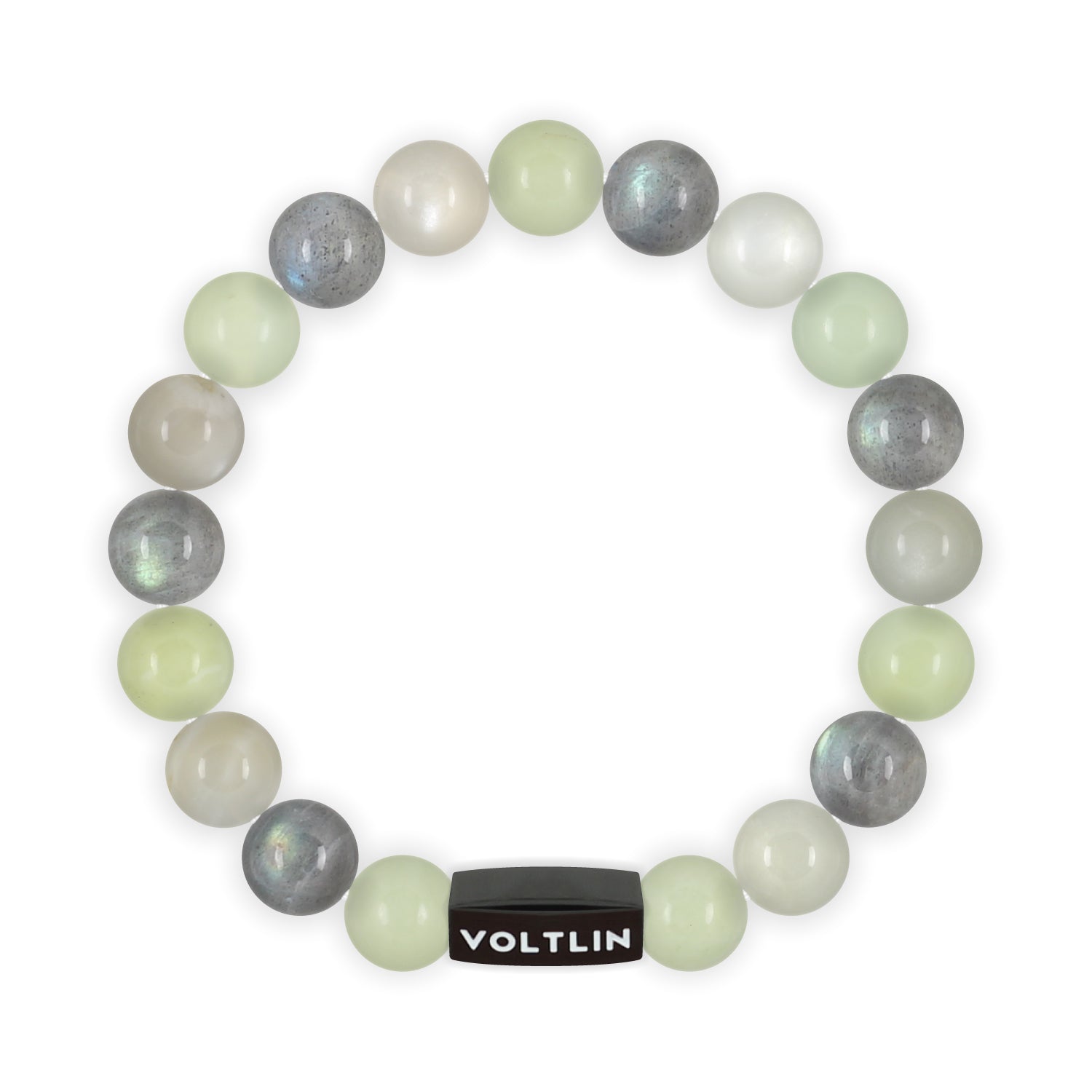 Top view of a 10mm Pisces Zodiac crystal beaded stretch bracelet with black stainless steel logo bead made by Voltlin