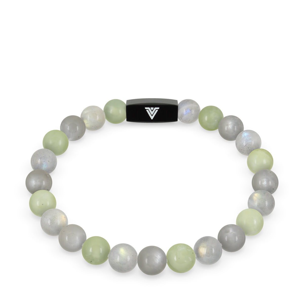 Front view of an 8mm Pisces Zodiac crystal beaded stretch bracelet with black stainless steel logo bead made by Voltlin
