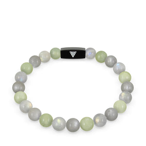 Front view of an 8mm Pisces Zodiac crystal beaded stretch bracelet with black stainless steel logo bead made by Voltlin