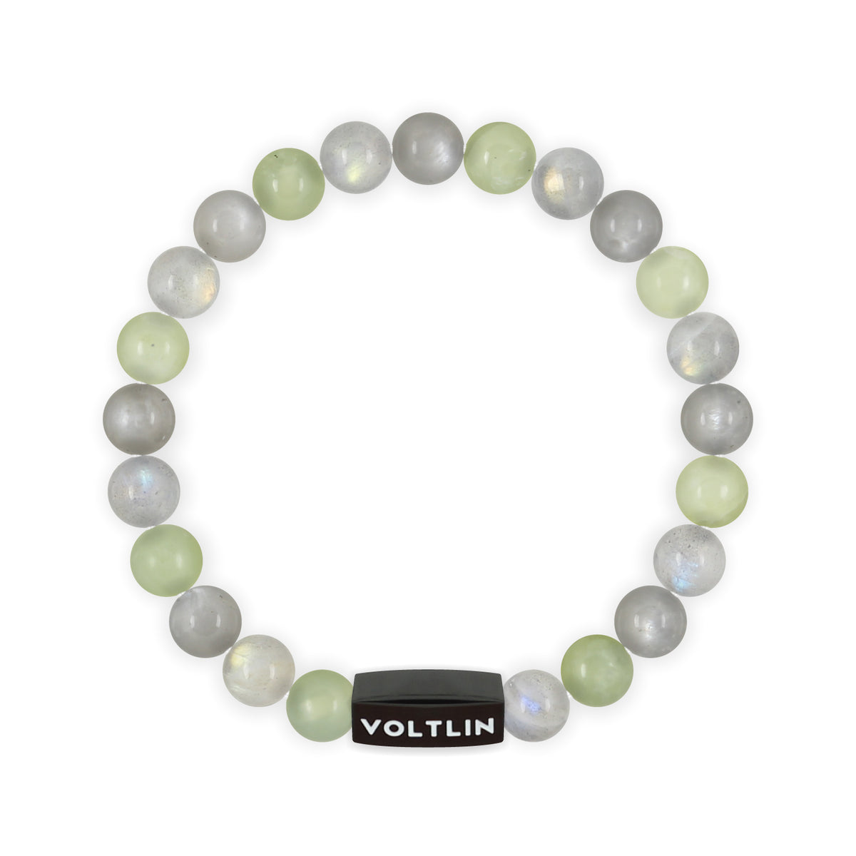 Top view of an 8mm Pisces Zodiac crystal beaded stretch bracelet with black stainless steel logo bead made by Voltlin