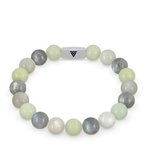 Front view of a 10mm Pisces Zodiac beaded stretch bracelet featuring Jade, Labradorite, & Moonstone crystal and silver stainless steel logo bead made by Voltlin