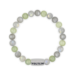 Top view of an 8mm Pisces Zodiac beaded stretch bracelet featuring Jade, Labradorite, & Moonstone crystal and silver stainless steel logo bead made by Voltlin