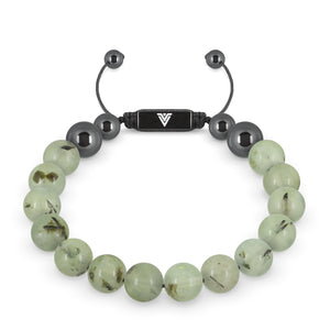 Front view of a 10mm Prehnite crystal beaded shamballa bracelet with black stainless steel logo bead made by Voltlin