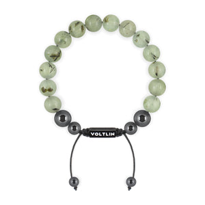 Top view of a 10mm Prehnite crystal beaded shamballa bracelet with black stainless steel logo bead made by Voltlin