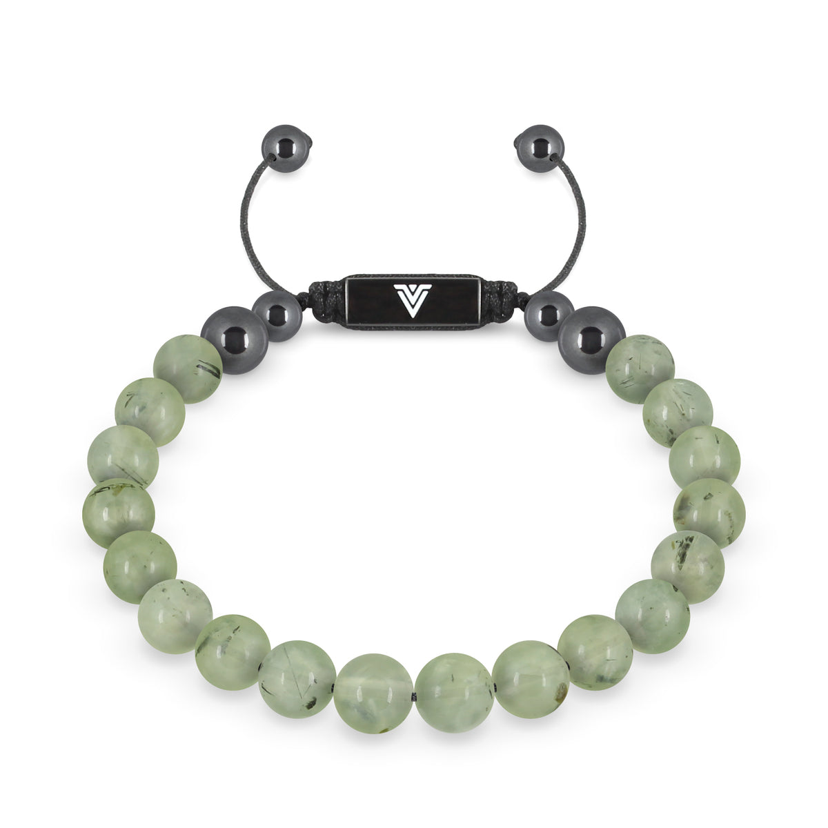 Front view of an 8mm Prehnite crystal beaded shamballa bracelet with black stainless steel logo bead made by Voltlin