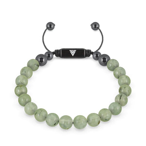 Front view of an 8mm Prehnite crystal beaded shamballa bracelet with black stainless steel logo bead made by Voltlin