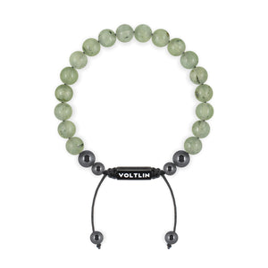 Top view of an 8mm Prehnite crystal beaded shamballa bracelet with black stainless steel logo bead made by Voltlin