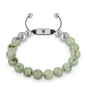 Front view of a 10mm Prehnite beaded shamballa bracelet with silver stainless steel logo bead made by Voltlin