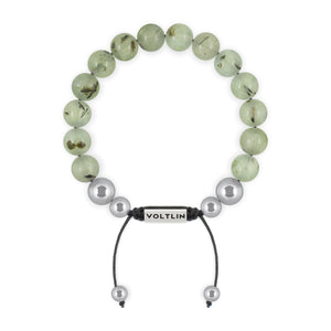 Top view of a 10mm Prehnite beaded shamballa bracelet with silver stainless steel logo bead made by Voltlin
