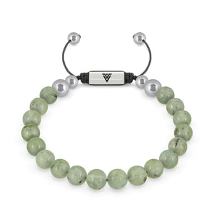 Front view of an 8mm Prehnite beaded shamballa bracelet with silver stainless steel logo bead made by Voltlin
