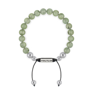 Top view of an 8mm Prehnite beaded shamballa bracelet with silver stainless steel logo bead made by Voltlin