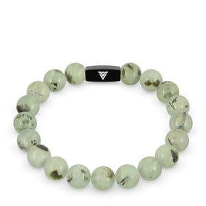 Front view of a 10mm Prehnite crystal beaded stretch bracelet with black stainless steel logo bead made by Voltlin