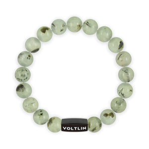 Top view of a 10mm Prehnite crystal beaded stretch bracelet with black stainless steel logo bead made by Voltlin