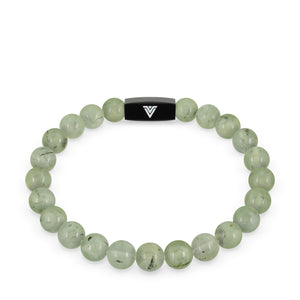 Front view of an 8mm Prehnite crystal beaded stretch bracelet with black stainless steel logo bead made by Voltlin