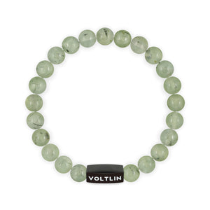 Top view of an 8mm Prehnite crystal beaded stretch bracelet with black stainless steel logo bead made by Voltlin