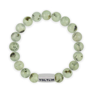 Top view of a 10mm Prehnite beaded stretch bracelet with silver stainless steel logo bead made by Voltlin