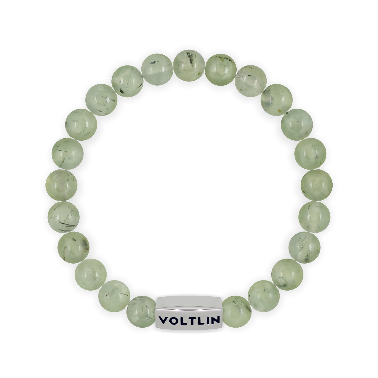 Front view of an 8mm Prehnite beaded stretch bracelet with silver stainless steel logo bead made by Voltlin