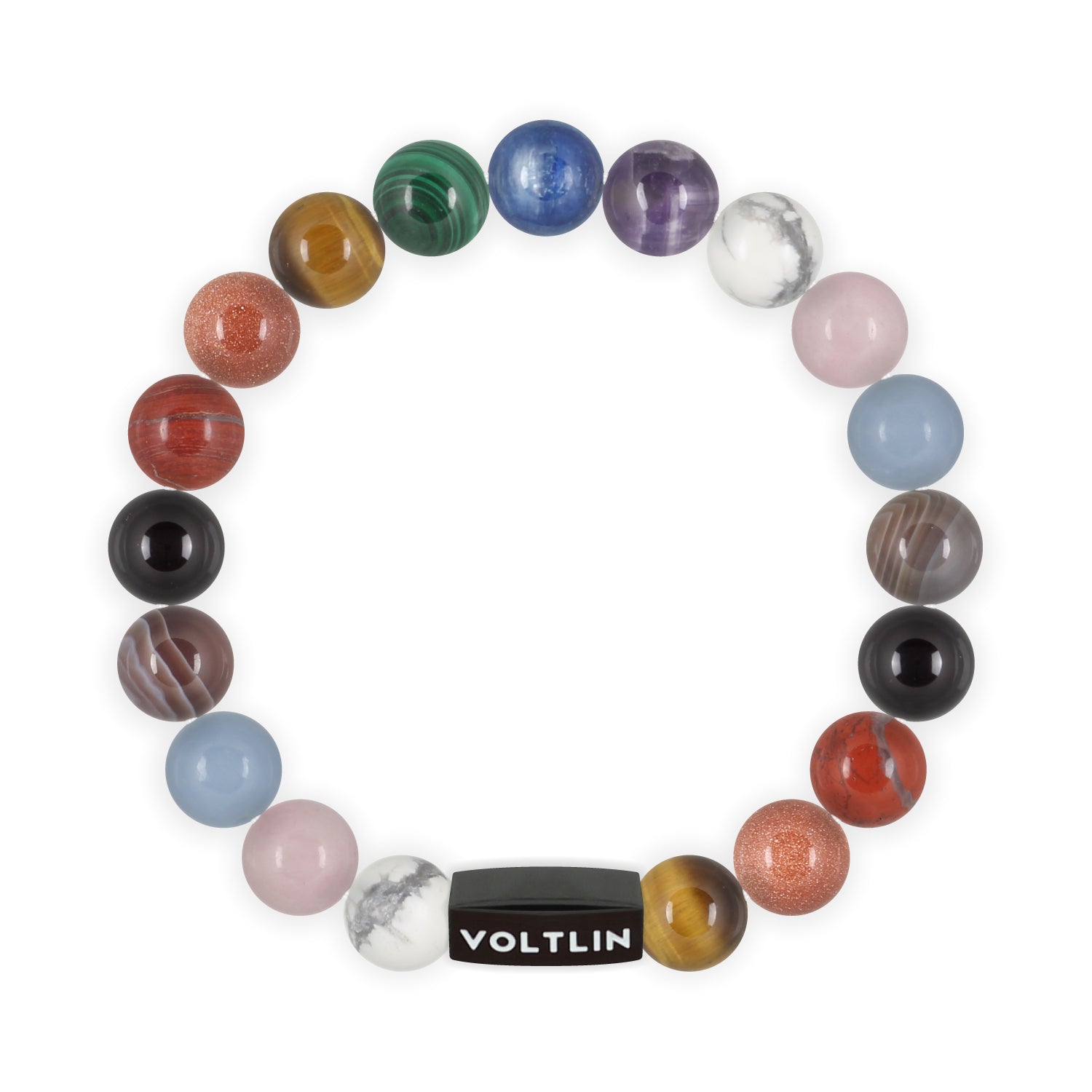 Top view of a 10mm Progress Pride crystal beaded stretch bracelet with black stainless steel logo bead made by Voltlin