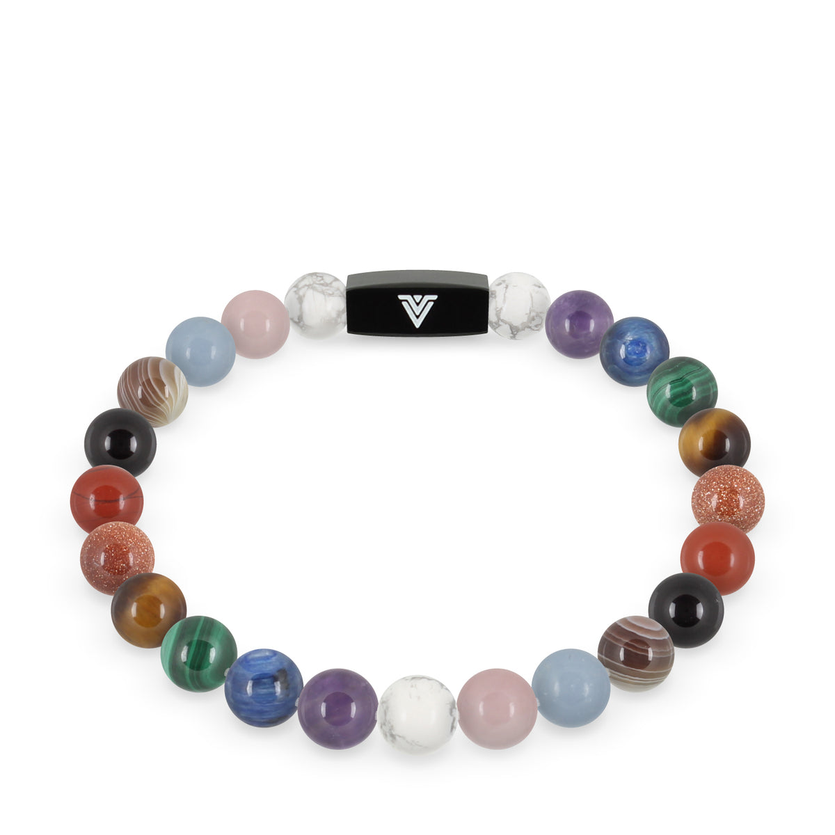 Top view of an 8mm Progress Pride crystal beaded stretch bracelet with black stainless steel logo bead made by Voltlin