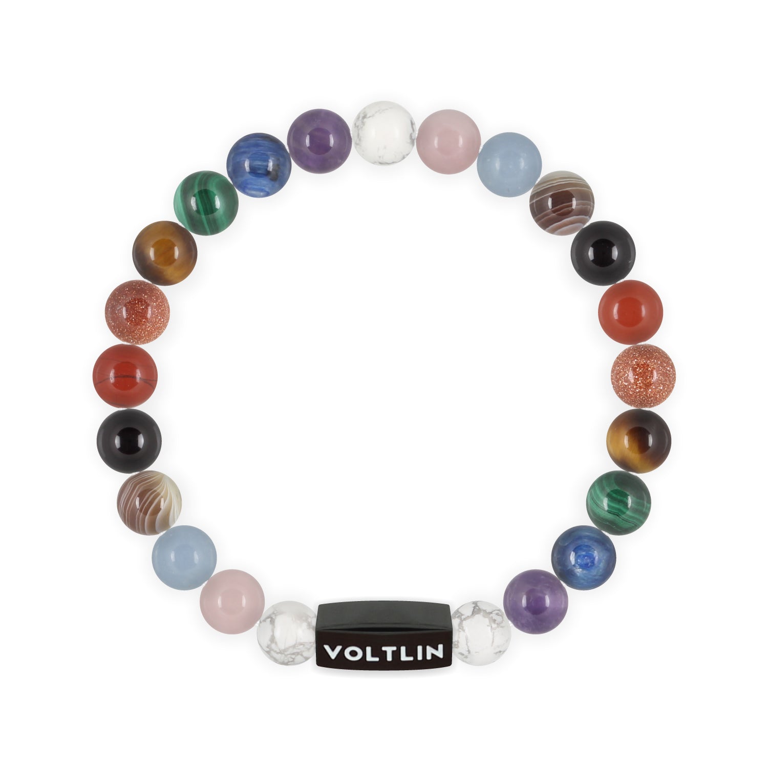 Top view of an 8mm Progress Pride crystal beaded stretch bracelet with black stainless steel logo bead made by Voltlin