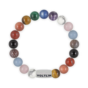 Top view of a 10mm Progress Pride beaded stretch bracelet with silver stainless steel logo bead made by Voltlin