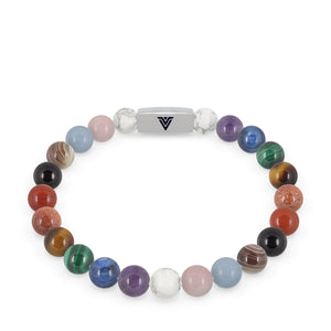 Front view of an 8mm Progress Pride beaded stretch bracelet with silver stainless steel logo bead made by Voltlin
