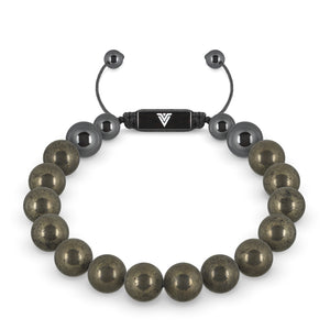 Front view of a 10mm Pyrite crystal beaded shamballa bracelet with black stainless steel logo bead made by Voltlin