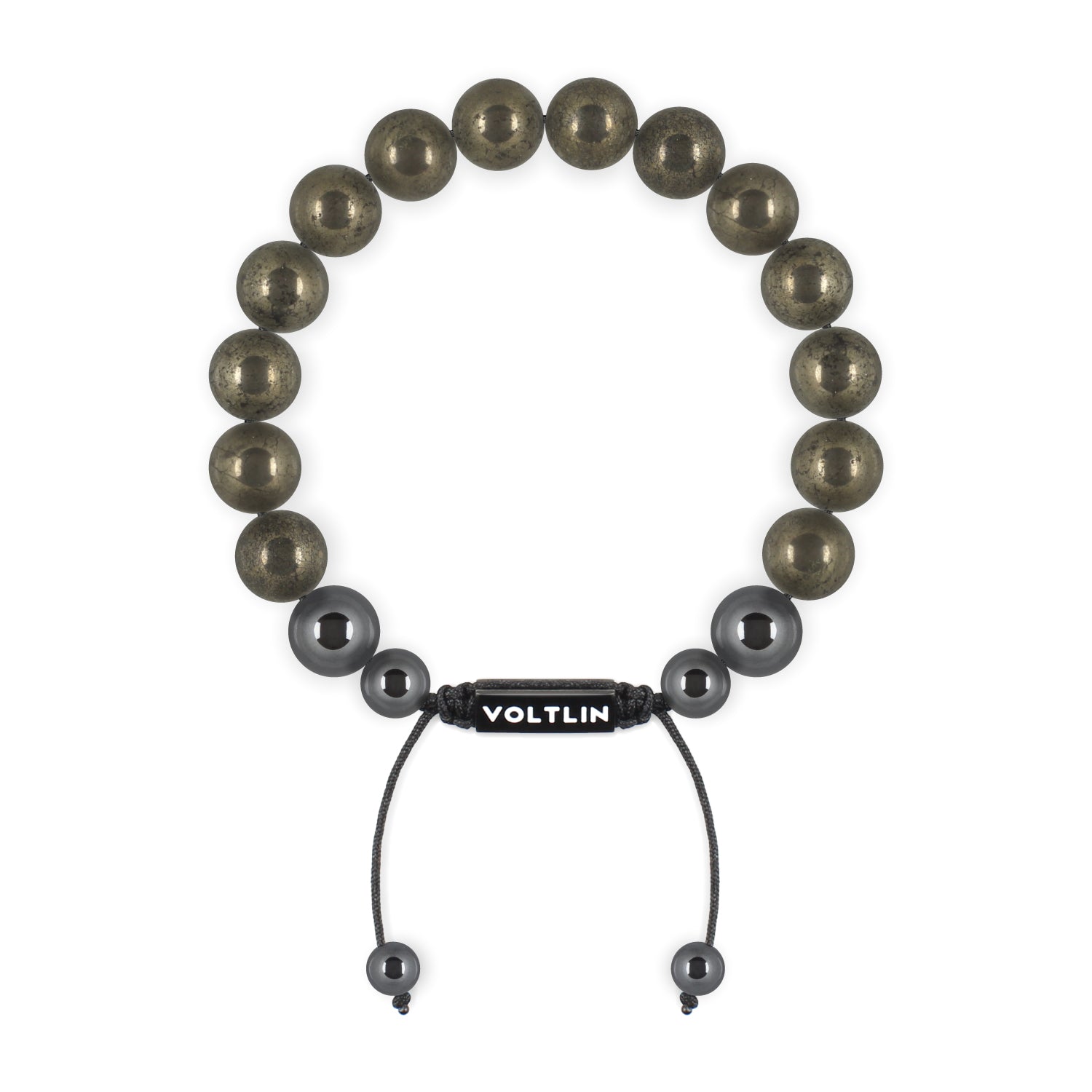 Top view of a 10mm Pyrite crystal beaded shamballa bracelet with black stainless steel logo bead made by Voltlin
