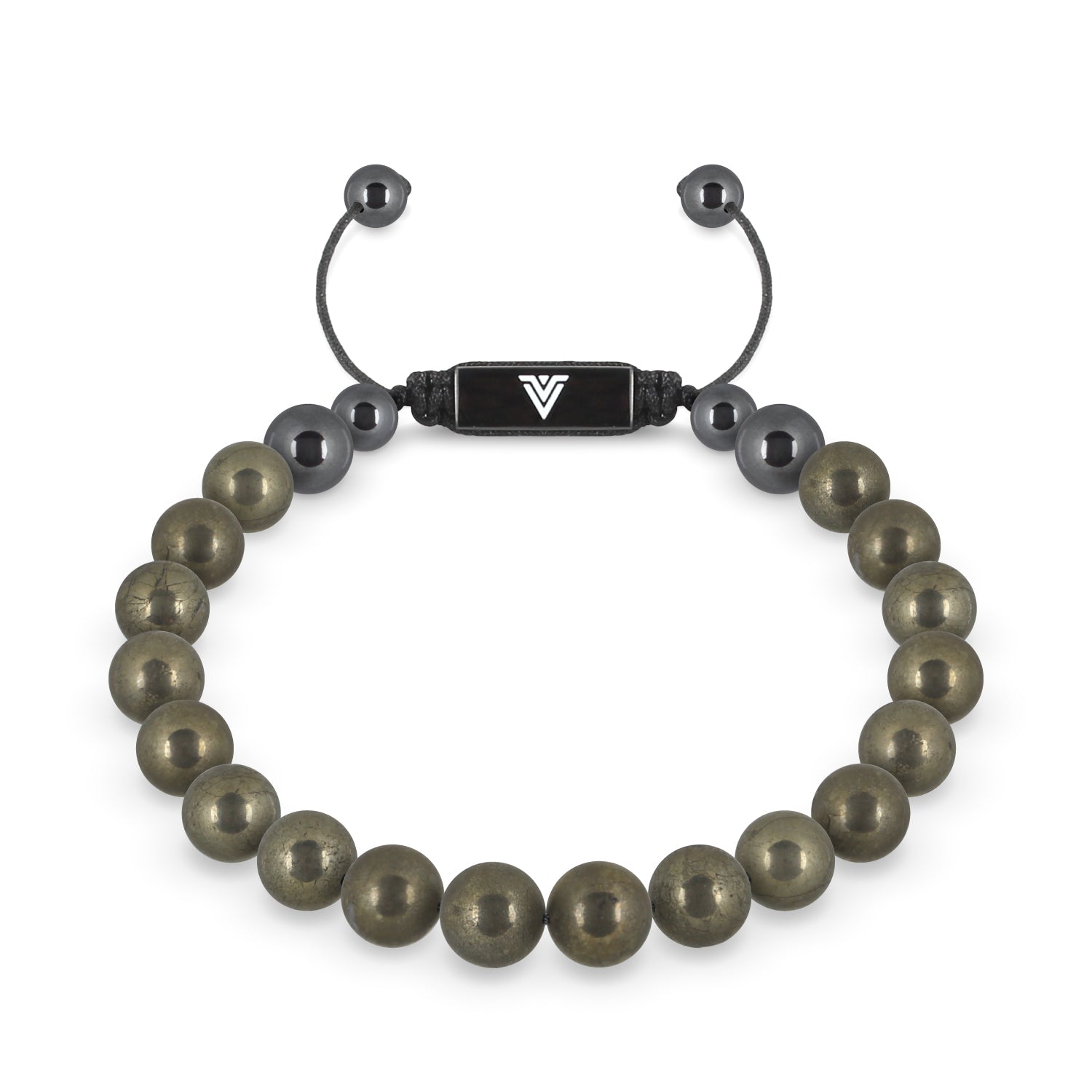 Front view of an 8mm Pyrite crystal beaded shamballa bracelet with black stainless steel logo bead made by Voltlin
