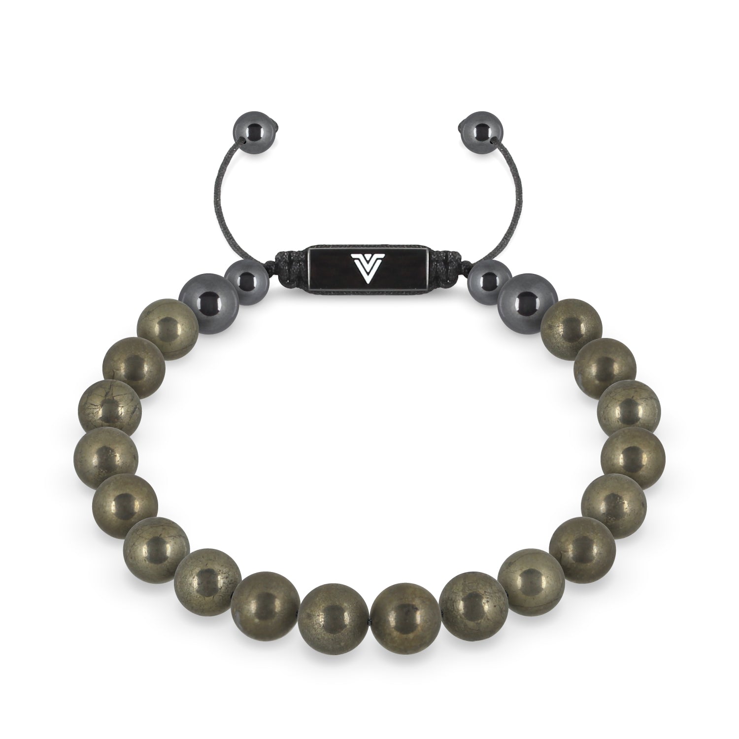 Front view of an 8mm Pyrite crystal beaded shamballa bracelet with black stainless steel logo bead made by Voltlin