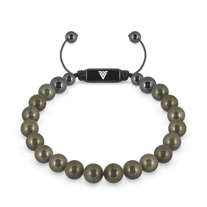 Front view of an 8mm Pyrite crystal beaded shamballa bracelet with black stainless steel logo bead made by Voltlin