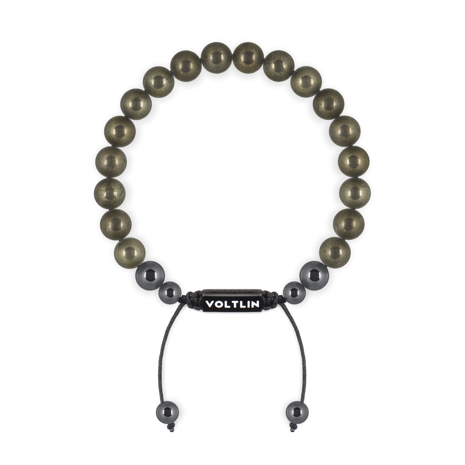 Front view of an 8mm Pyrite crystal beaded shamballa bracelet with black stainless steel logo bead made by Voltlin