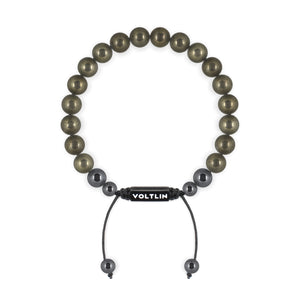 Top view of an 8mm Pyrite crystal beaded shamballa bracelet with black stainless steel logo bead made by Voltlin