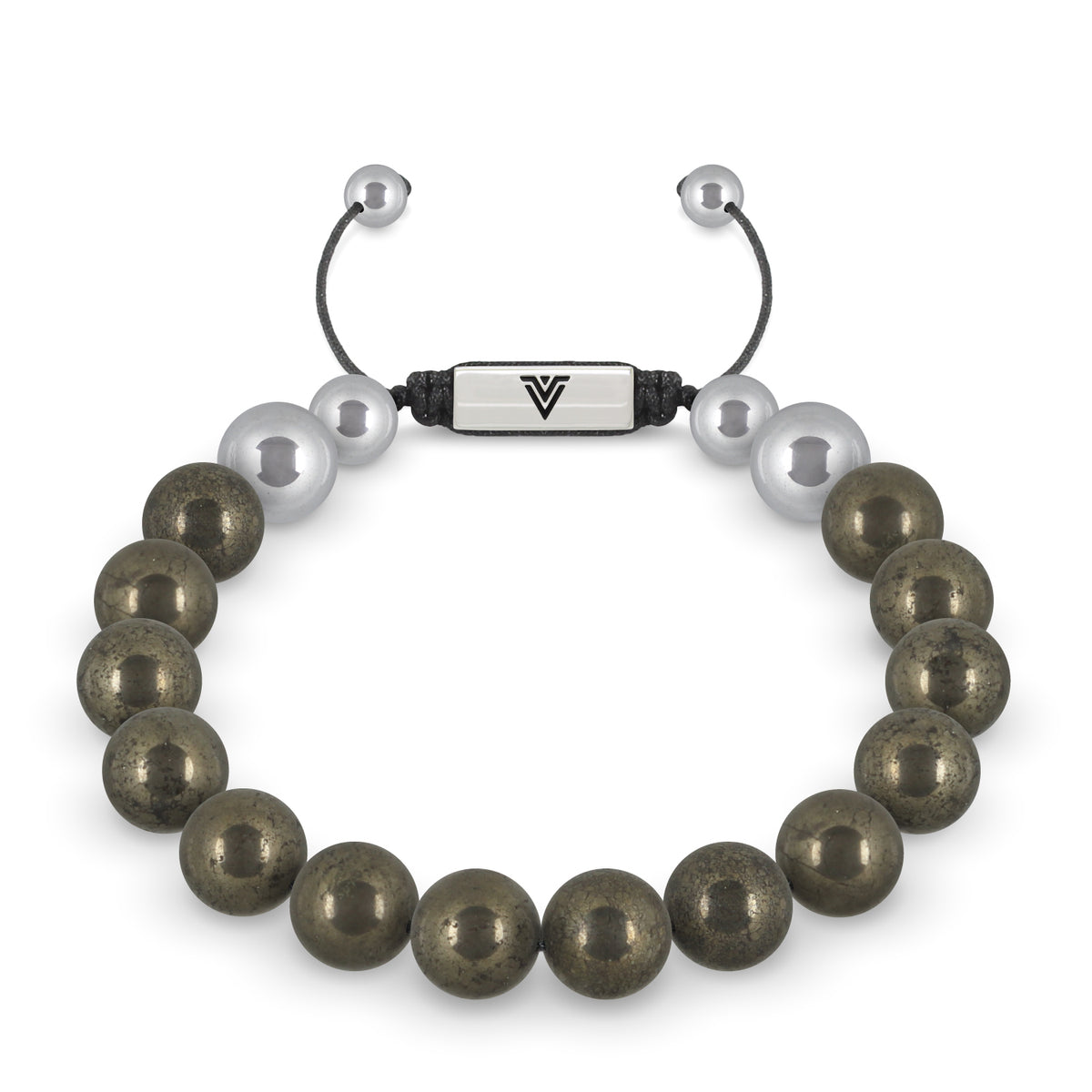 Front view of a 10mm Pyrite beaded shamballa bracelet with silver stainless steel logo bead made by Voltlin