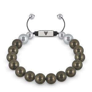 Front view of a 10mm Pyrite beaded shamballa bracelet with silver stainless steel logo bead made by Voltlin