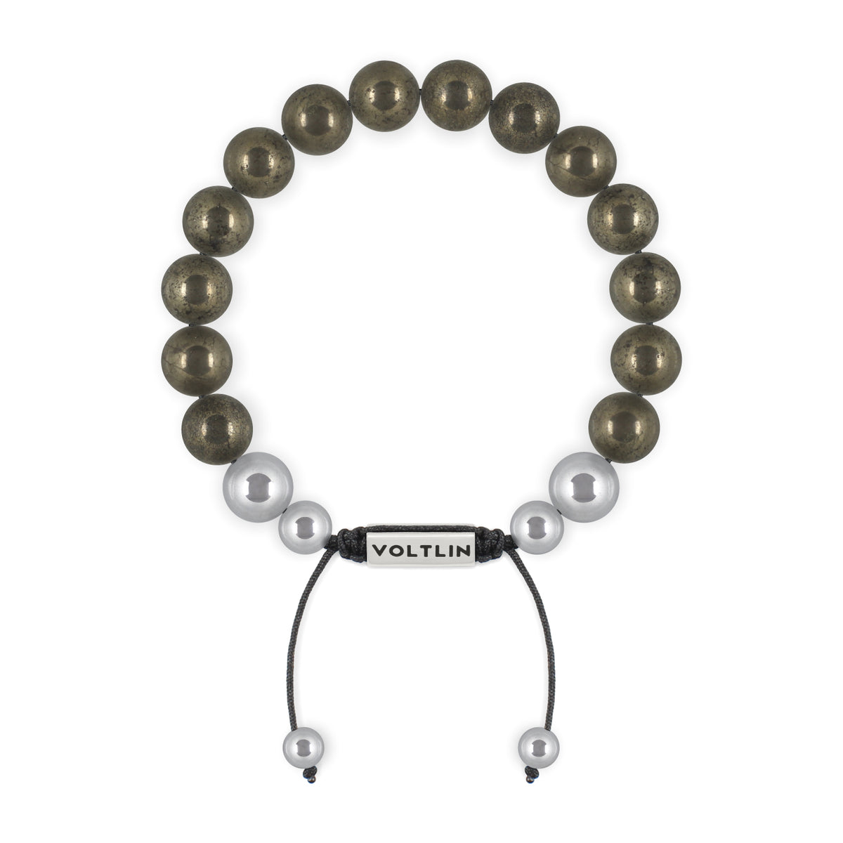 Top view of a 10mm Pyrite beaded shamballa bracelet with silver stainless steel logo bead made by Voltlin