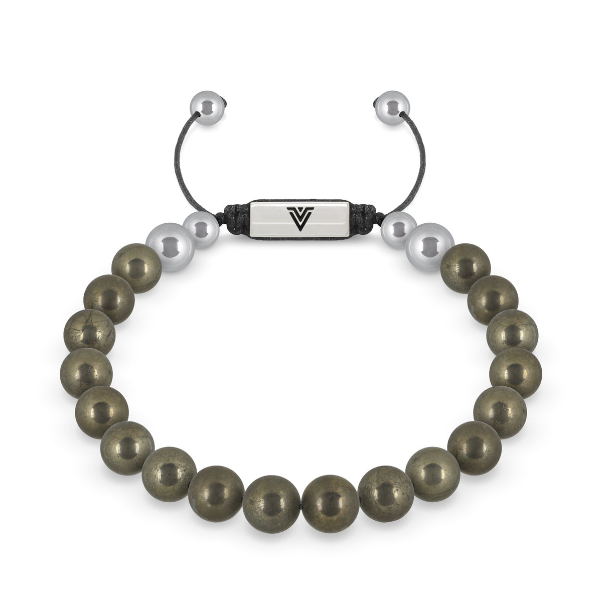 Front view of an 8mm Pyrite beaded shamballa bracelet with silver stainless steel logo bead made by Voltlin