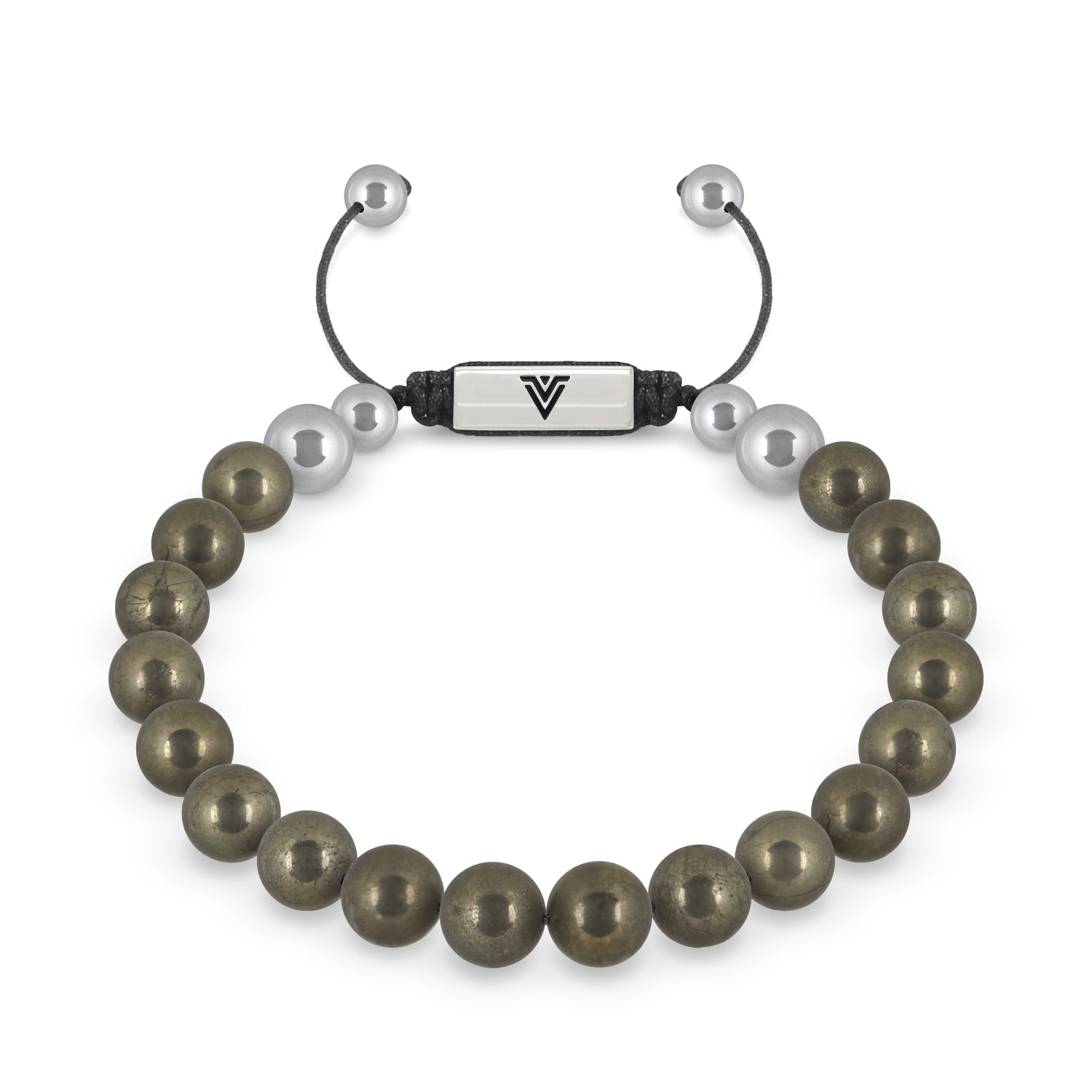 Front view of an 8mm Pyrite beaded shamballa bracelet with silver stainless steel logo bead made by Voltlin