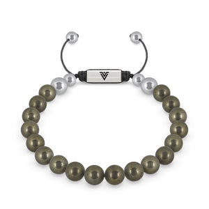 Front view of an 8mm Pyrite beaded shamballa bracelet with silver stainless steel logo bead made by Voltlin