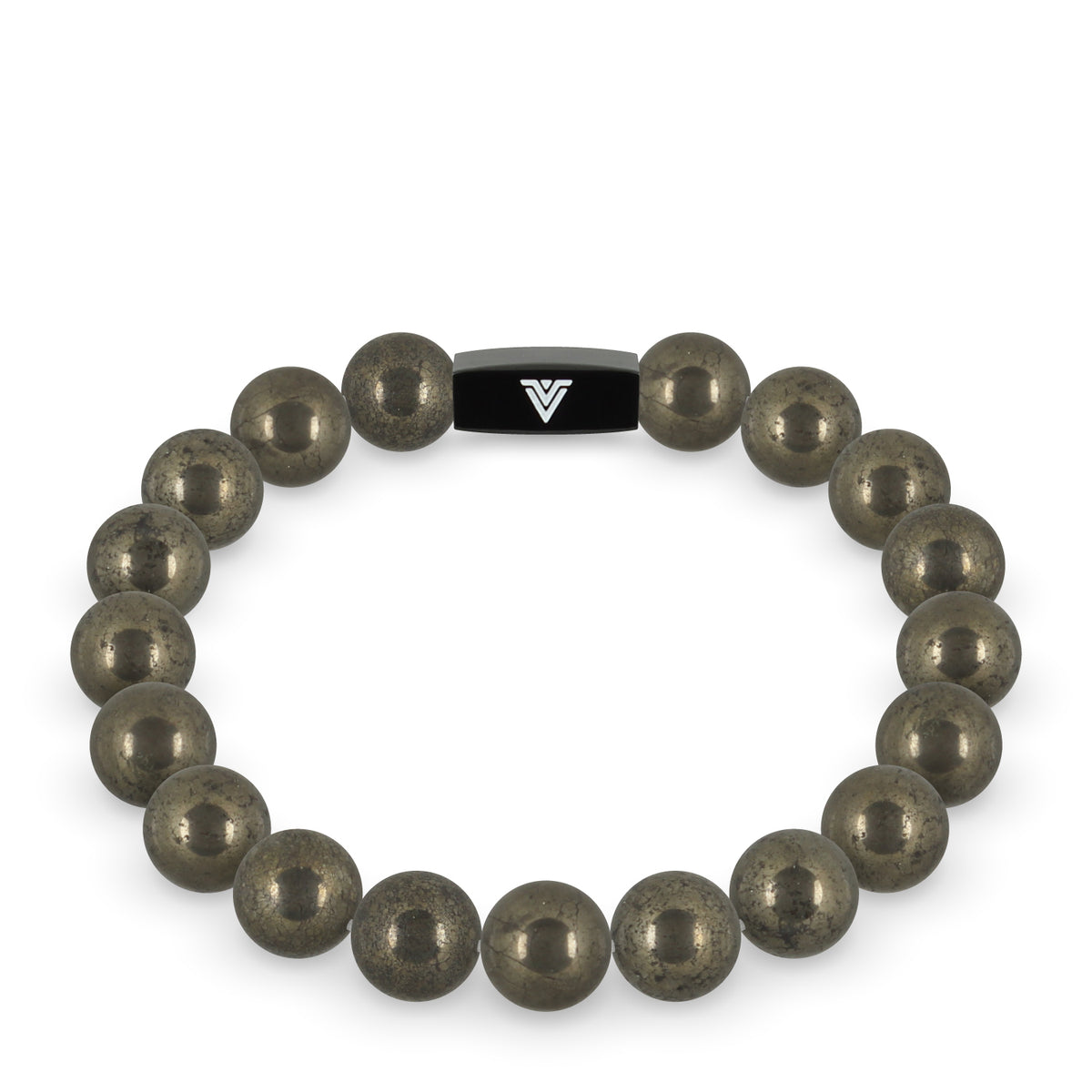 Front view of a 10mm Pyrite crystal beaded stretch bracelet with black stainless steel logo bead made by Voltlin
