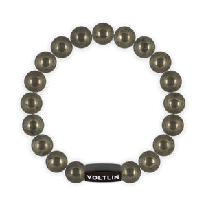 Top view of a 10mm Pyrite crystal beaded stretch bracelet with black stainless steel logo bead made by Voltlin