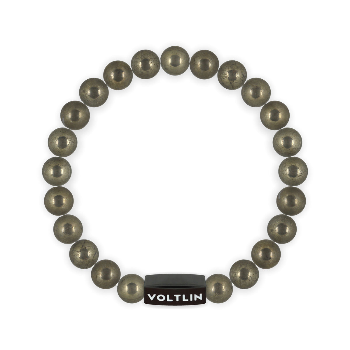 Top view of an 8mm Pyrite crystal beaded stretch bracelet with black stainless steel logo bead made by Voltlin