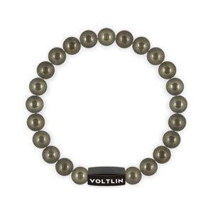 Top view of an 8mm Pyrite crystal beaded stretch bracelet with black stainless steel logo bead made by Voltlin
