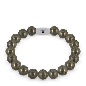 Front view of a 10mm Pyrite beaded stretch bracelet with silver stainless steel logo bead made by Voltlin