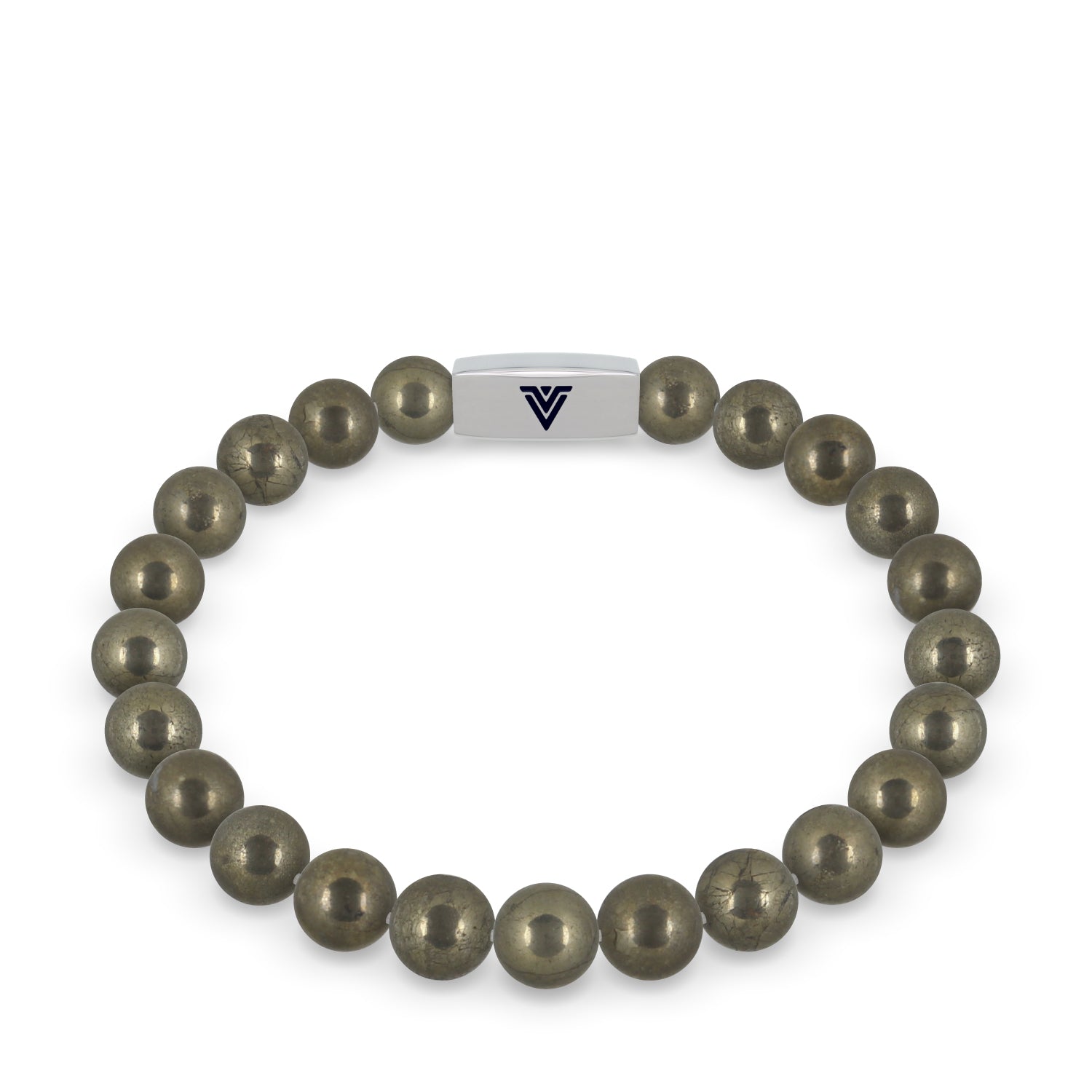 Front view of an 8mm Pyrite beaded stretch bracelet with silver stainless steel logo bead made by Voltlin