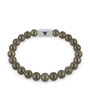 Front view of an 8mm Pyrite beaded stretch bracelet with silver stainless steel logo bead made by Voltlin