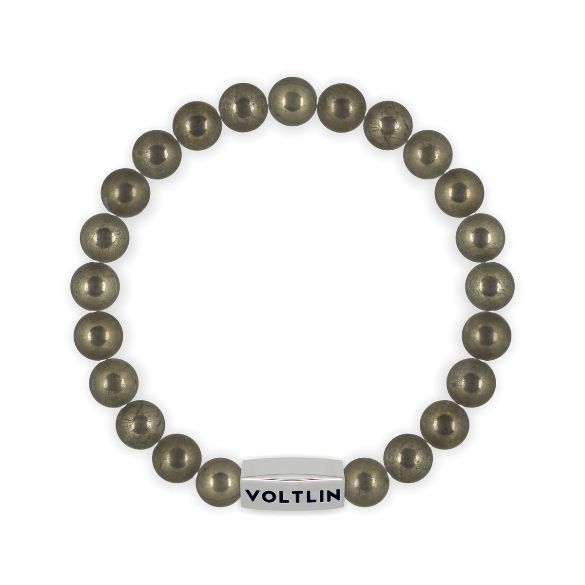 Top view of an 8mm Pyrite beaded stretch bracelet with silver stainless steel logo bead made by Voltlin