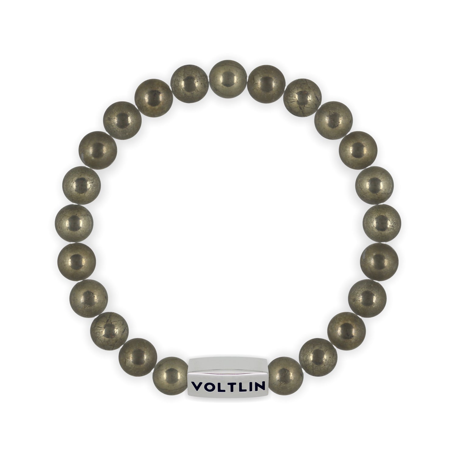 Top view of an 8mm Pyrite beaded stretch bracelet with silver stainless steel logo bead made by Voltlin
