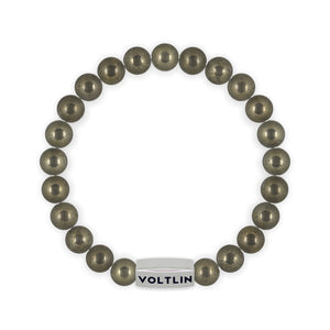 Top view of an 8mm Pyrite beaded stretch bracelet with silver stainless steel logo bead made by Voltlin